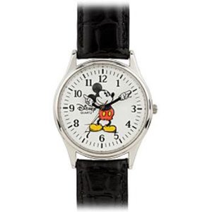 Mickey Mouse Mens Watch - Chrome & Black Leather 