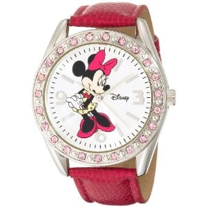 Disney Women's MN1010 Minnie Mouse Silver Sunray Dial Pink Lizard Watch