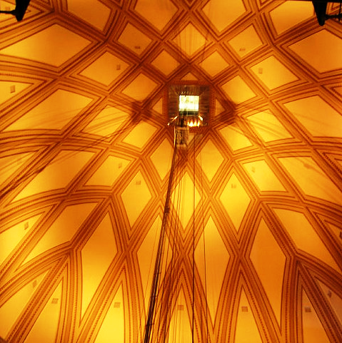 The panoramic elevator is in the middle of the open hall. It will take you to the top in 59 seconds for those spectacular views from the abservation deck at the top.