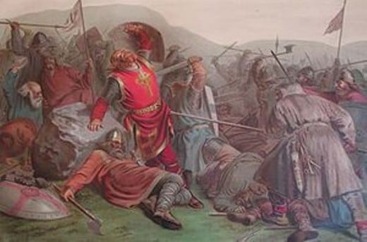 Stiklest'Thorstein 'Knaresmed' struck at King Olaf with his axe and hit his leg above the knee... then Thore 'Hund' struck at him with his spear, and Kalf struck at him on the left side of the neck... These three wounds were the death of King Olaf...