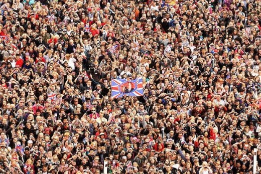 Enormous crowds gathering to celebrate and experience the Royal Wedding in London.