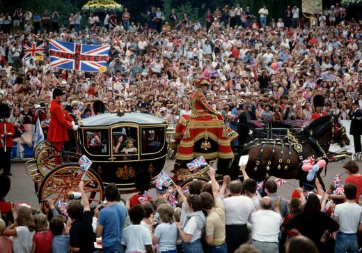 Masses of people lining the streets of the City of Westminster along the 'Royal' route that would take the newlyweds from Westminster Abbey to Buckingham Palace.