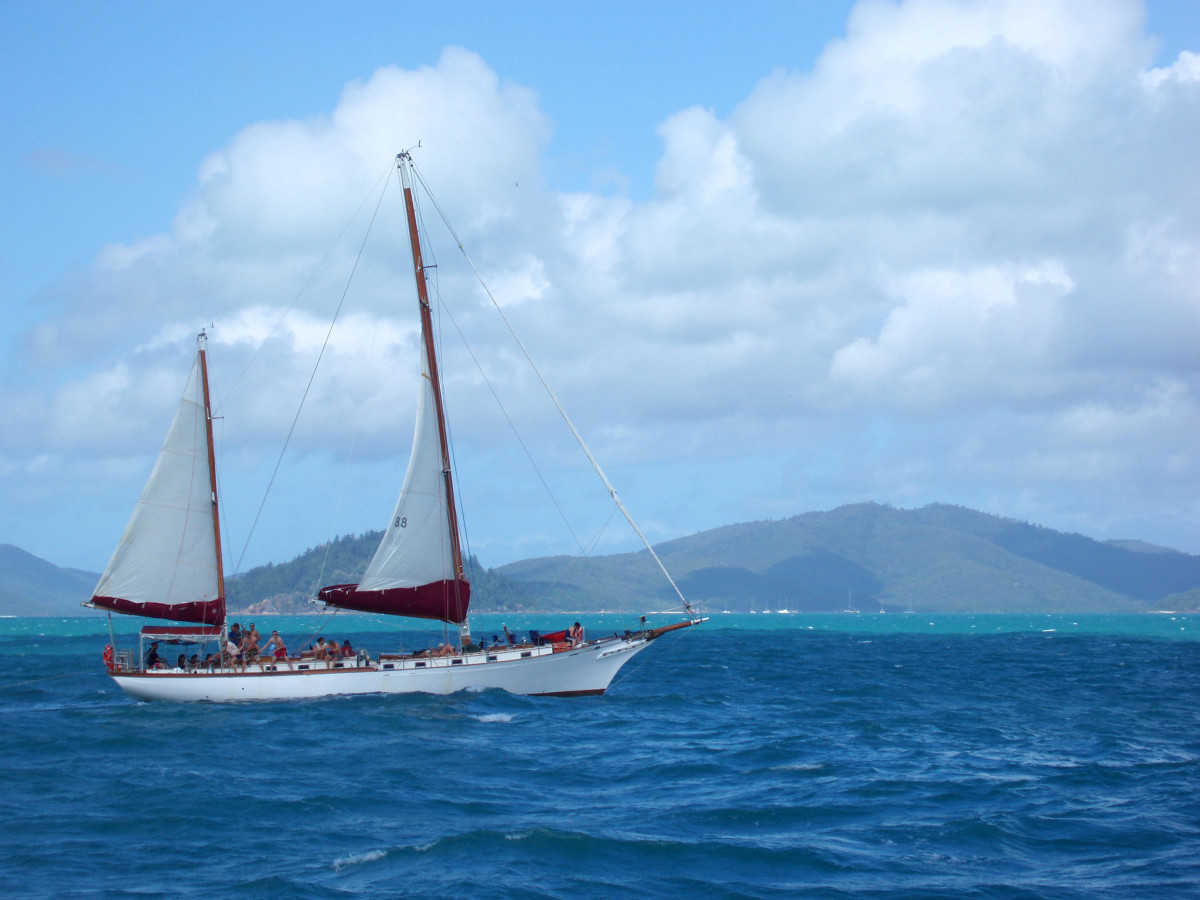 Photo of a ketch type sailboat.