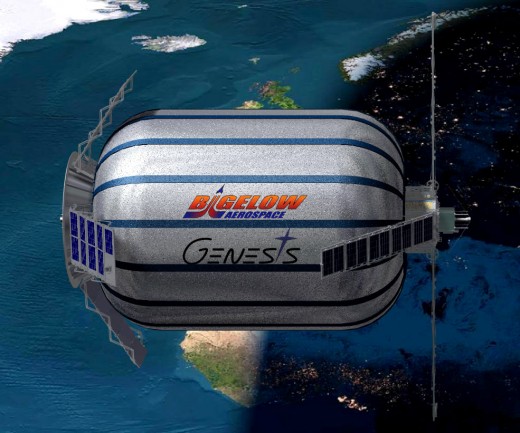 An artist's conception shows a side view of the Genesis series of pathfinder modules being launched by Bigelow Aerospace.