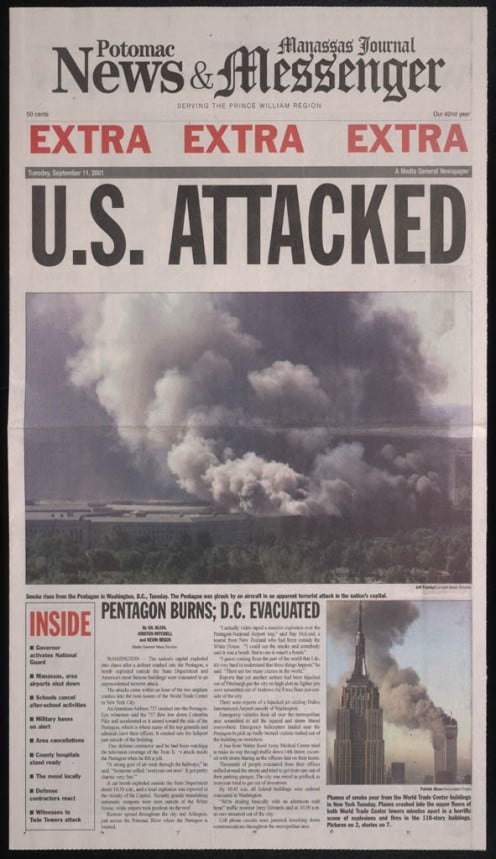 September 11, 2001 Front Page Headlines From the Potomac Manassas Journal News and Messenger.