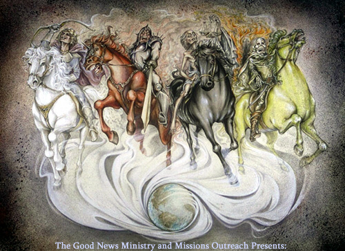 This is an illustration created from the pages of Revelation in the Bible concerning the four horsemen of the apocalypse. The word apocalypse is translated revealing.