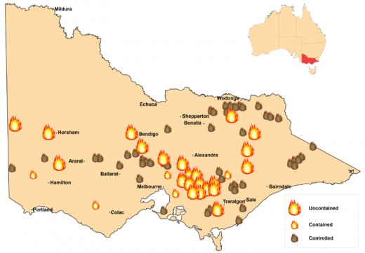 Map of the Victorian bushfires (Based on data from the DSE at 9am 8 February 2009).