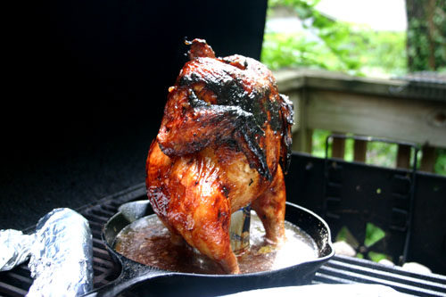 beer can chicken, still on the grill