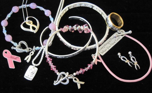 My collection of breast cancer jewelry given to me by my family, friends and doctors.