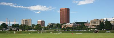The 1450 acre UMass Amherst is located in the scenic pioneer valley of western massachusetts just miles from the connecticut river.  photo from wikimedia.org/Umass Amherst