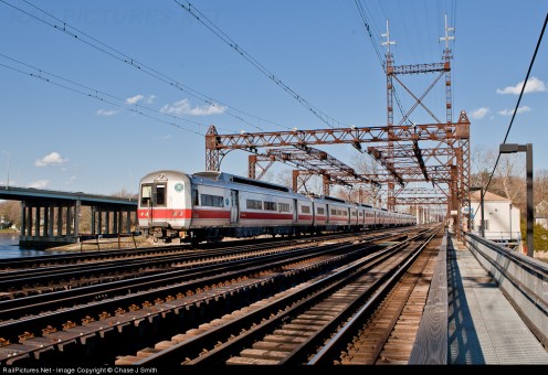 Metro North train at the Saugatuck River Bridge in Westport, Connecticut
