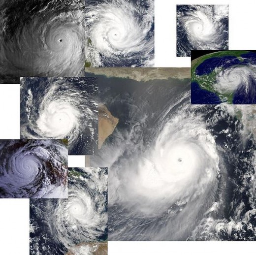 A collage of the strongest tropical cyclones on record, the strongest being Typhoon Tip. All images are in the public domain.