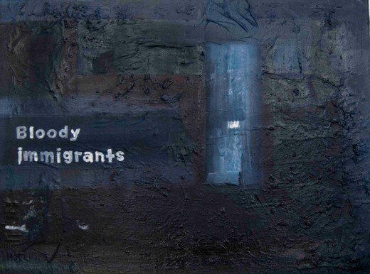 The painting "Bloody immigrants" was inspired by a newspaper article in London that cited someone as having been politically incorrect and citing foreigners as bloody immigrants. Victor Mavedzenge (artist) responded by painting this abstract work.