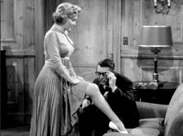 Marilyn Monroe flirting with Cary Grant in the film, "Monkey Business" (1952). But Mr. Grant's character is missing the clues being offered.