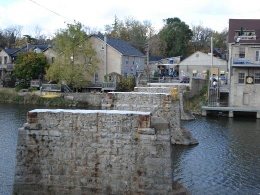 Parts of a former bridge over the Grand River in Elora, Ontario