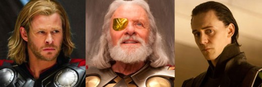 Thor (Chris Hemsworth), Odin (Anthony Hopkins), and Loki (Tom Hiddleston).  Three worthy actors.