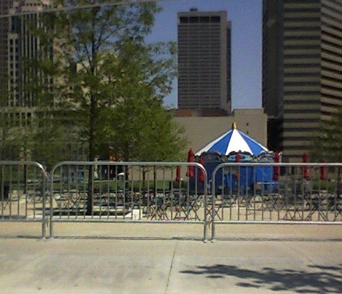 The carousel is cleaned and kept under wraps when not in use in a blue cover. 