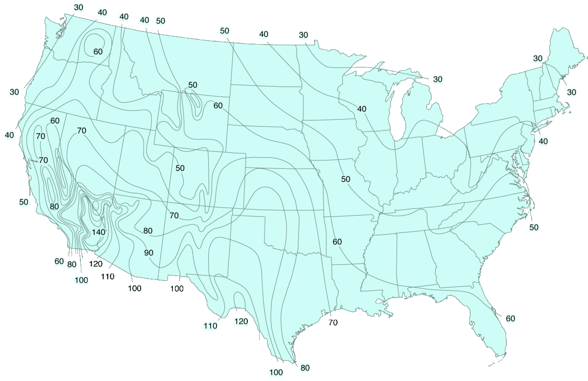 Annual evaporation rates for the United States (Inches).