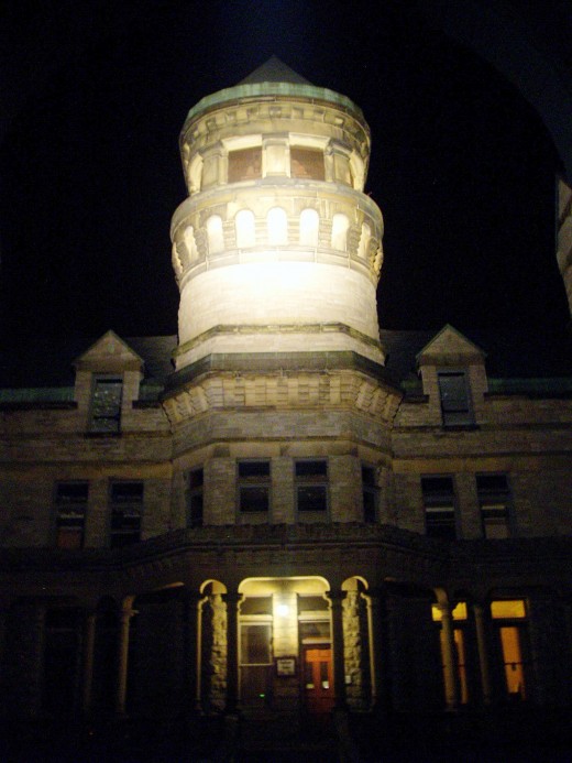 View of the center tower, front of building, nighttime