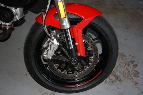 This photo shows the dual front brake discs and Brembo calipers on my Ducati 'Monster' 796. 