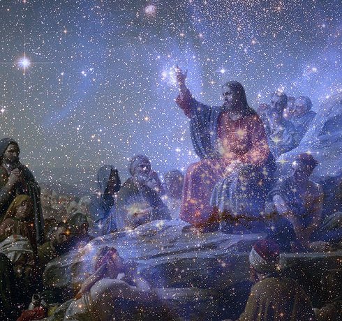 Sermon on the Mount by Carl Heinrich Bloch, against the backdrop of NGC 384 in the Small Magellanic Cloud. Nebula courtesy NASA, PD. 