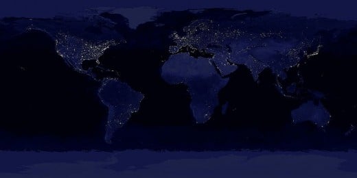 The Earth at night, a simulated night-time image of the world during the anthropocene.