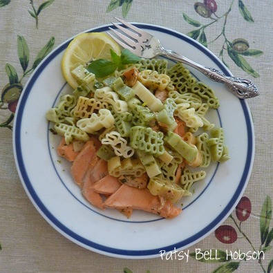Travel pasta with garden fresh lemon pesto,capers and cold salmon.
