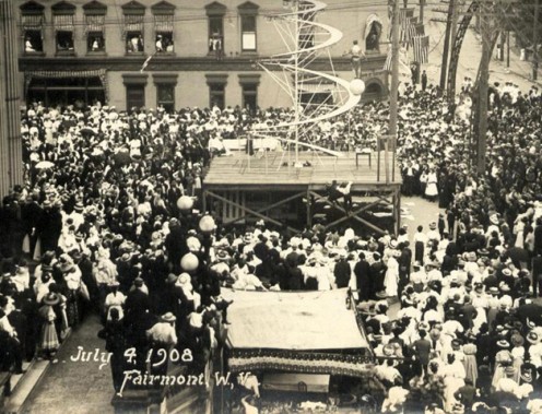 A photo taken of the festivities of Fairmont, West Virginia's 4th of July celebration, 1908. which became one of the two fated events to overshadow the Williams Memorial Methodist Church's planned First Father's Day celebration. 