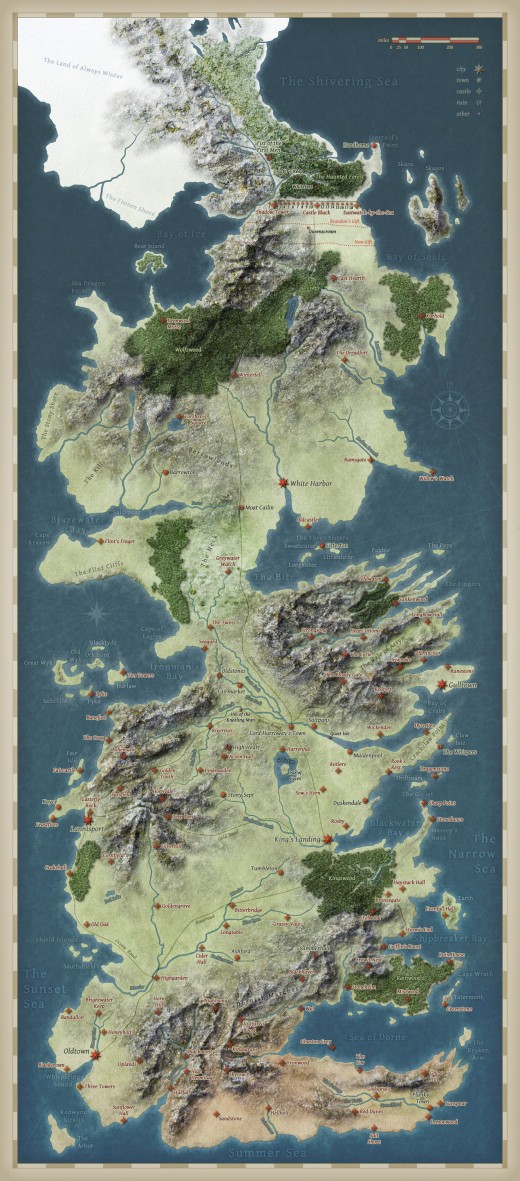 Map of the fictional continent of Westeros, where most of the action takes place.