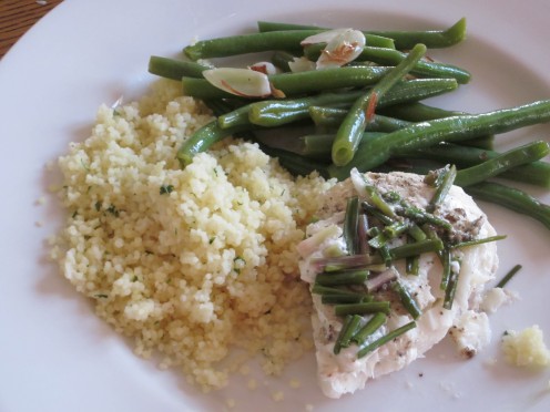 Green Beans with Almonds served with Steamed Cod and Couscous.