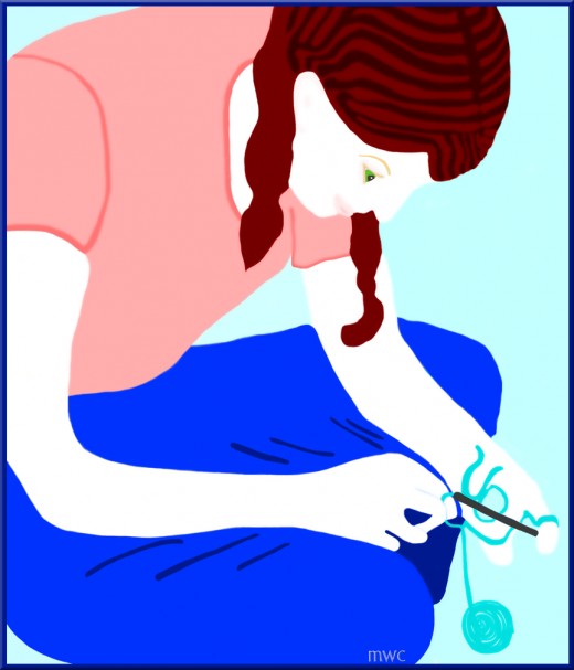 Some of the crafts that are practiced by handmade-shop sellers include needlework, like needlepoint, knitting and crocheting. "Girl Crocheting" Copyright Marian Cates