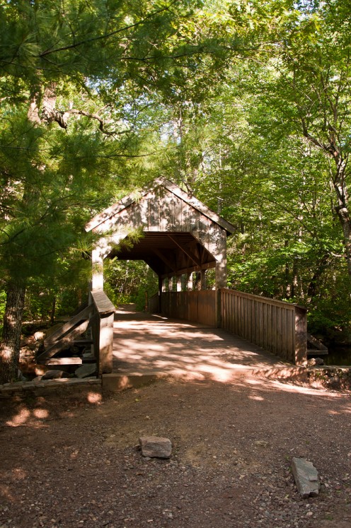 The covered bridge leads from the picnic area to the orange and blue trails