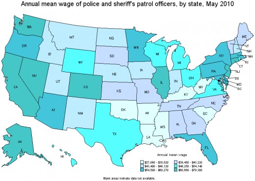 Annual mean wages of police patrol officers by state.