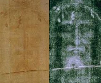 The Turin Shroud : modern photo of the face, positive left, negative right. Negative has been contrast enhanced.