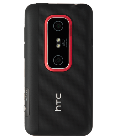 HTC EVO 3D, rear view. You can clearly see the dual 5MP cameras giving you stereoscopic 3D vision. 