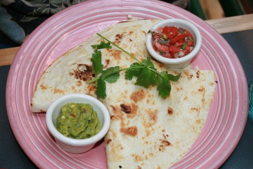A basic cheese quesadilla with home made salsa and guacamole.  New Mexico style, of course!!  Fresh from the kitchen!