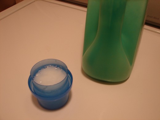 Now it's a laundry gel! Fill an empty detergent container halfway with the gel and add water to fill it. Shake it up and you're ready to wash!