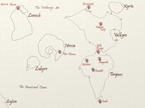 The map. Places visited throughout Hubris are highlighted with a swirl. Copyright Lu Stanton-Greenwood 2004. 