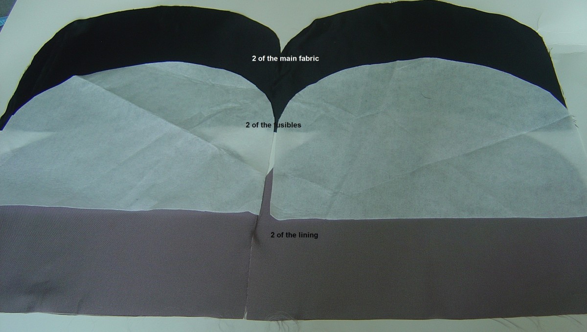 You should have two each of the main fabric, the lining, and the fusible, as shown.