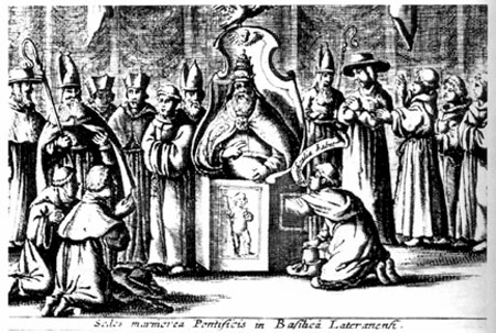 The female Pope - This illustration accompanied an account by the traveller Lawrence Banck, of the coronation of Pope Innocent X. The kneeling Cardinal is feeling for the Popes testicles and exclaiming (in latin) "The Pontiff has them"