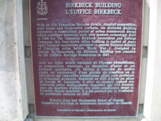 Historical plaque, Birkbeck Building, Toronto