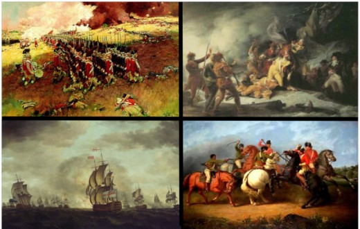 Clockwise from top left: Battle of Bunker Hill, Death of Montgomery at Quebec, Battle of Cowpens, "Moonlight Battle"