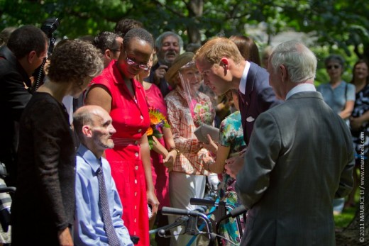 The Duke speaks with palliative patient Terry Joyce, whose last wish was to see their Highnesses at the Canada Day celebrations on Parliament Hill. Mr. Joyce was later invited to meet the Duke and Duchess at the tree planting ceremony.