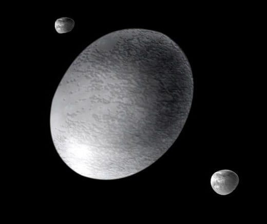 Artist's impression of Haumea with its moons, Hi'iaka and Namaka.