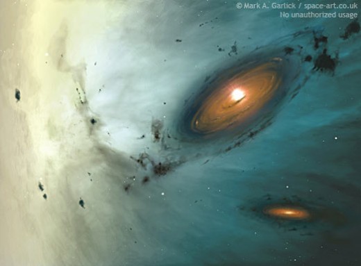 Proplyds abound in the galaxy and are the early stages of planetary formation as seen in this painting created by the artist depicting details of the Orion nebula, Two new systems can be seen.