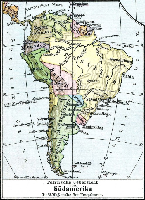 1899 map of South America, (D. H. Lange "Volksschul-Atlas", Dreihundertste Auflage, George Westermann in Braunschweig, 1899.)