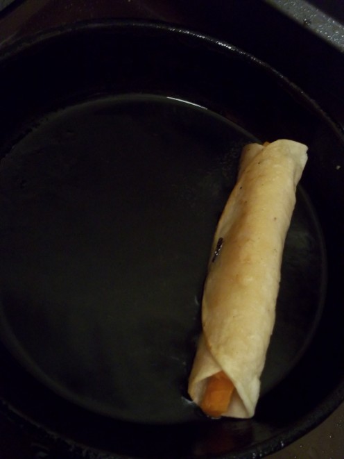 The carrot taquito in the cast iron skillet. Low oil