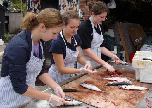 Tasty meal: Three girls chop the Mackeral so it can be sold for 1... great on the BBQ
