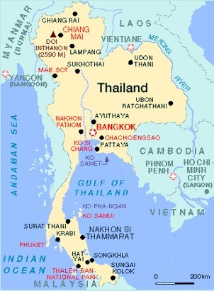 A map of Thailand and surrounding countries. 