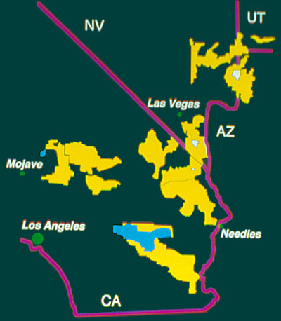 The United States Fish and Wildlife Service designated habitat critical to the survival and recovery of the Mojave populations of the desert tortoise in 1994.  Critical Habitat Units (yellow) were designated in California, Nevada, Utah and in Arizona